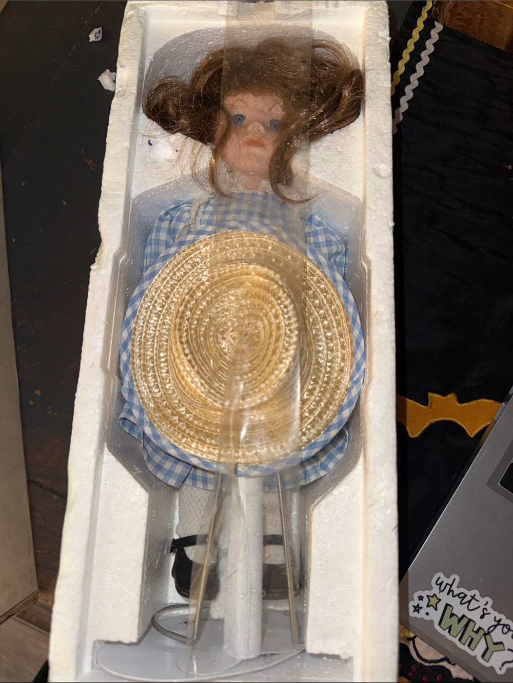 Vintage 1990 Little Debbie Porcelain Doll with Blue Gingham Dress and Straw Hat